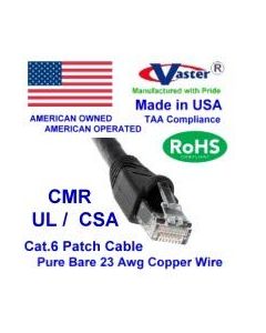 100 Ft Cat.6 Gigabit Patch Cable, Made in USA, (Black Color) Cat6 High Performance Cat6 Patch Cable - UL CSA CMR and 100% Copper. 23Awg, 50u" Gold Plating